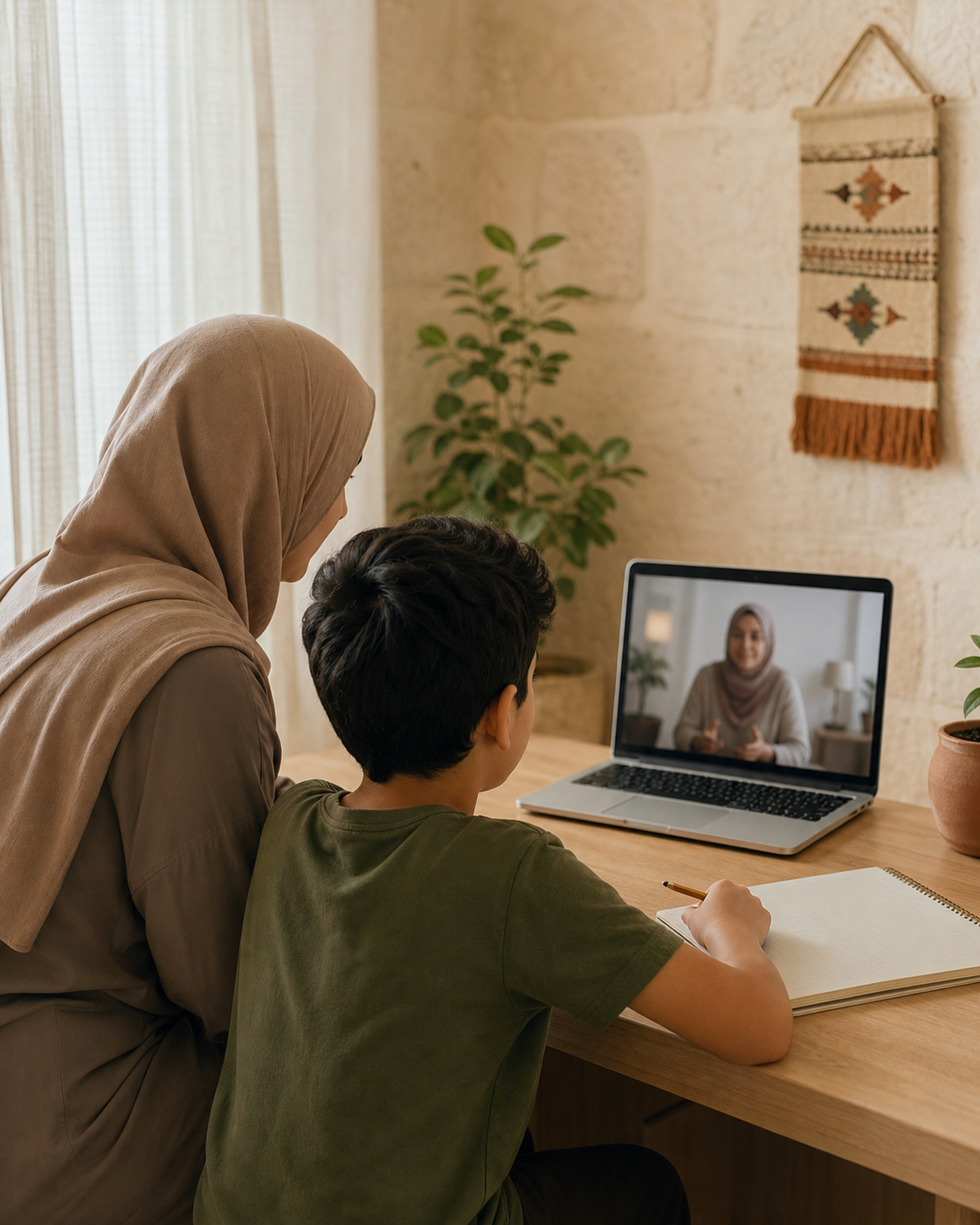 أم وطفل يتابعان حصة تعليمية مباشرة عبر الحاسوب